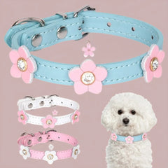 Cute Necklace PU Leather With Flower Accessory Puppy Collars